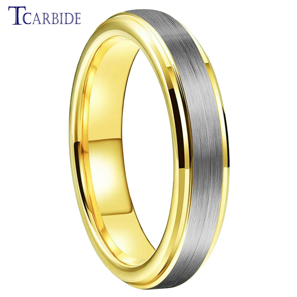 

4MM Womens Mens Tungsten Carbide Ring Gold-Color Wedding Band Stepped Beveled Brushed Finish Girls Trendy Gift Jewelry