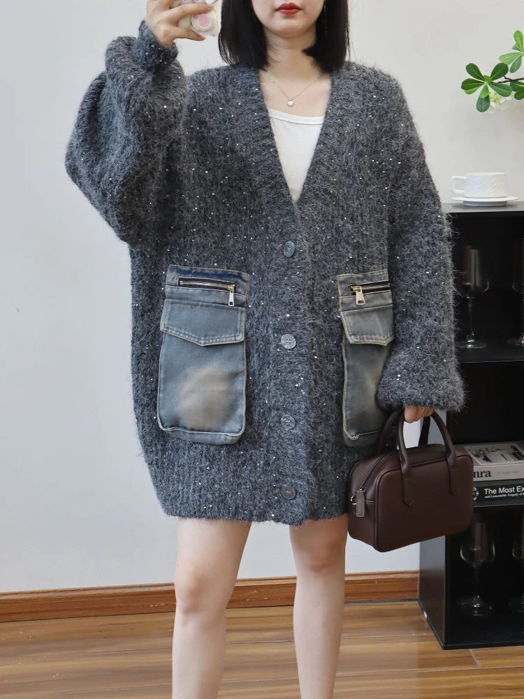 Herfst Winter Losse Truien Jas Vrouwen Nieuwe Gebreide Trui Vest Jas 2025, Vrouwelijke Retro Mode Denim Stiksels Uitloper