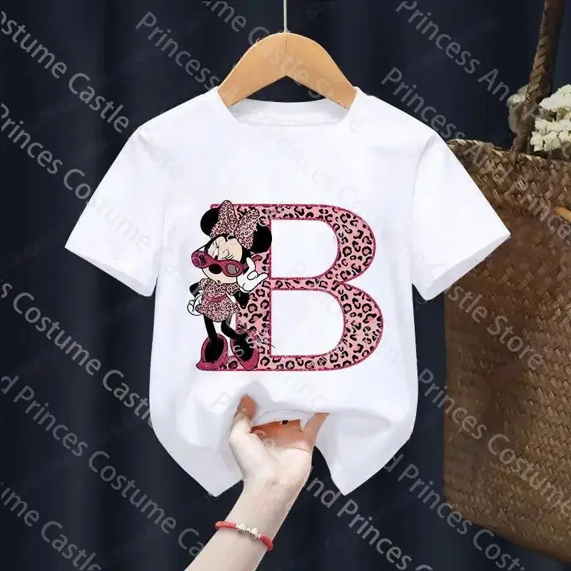 Letter A-Z Minnie Children T-Shirts Name Combination Disney Kawaii Cartoons Clothes Kids Little Boy Girl Tee Shirts Casua