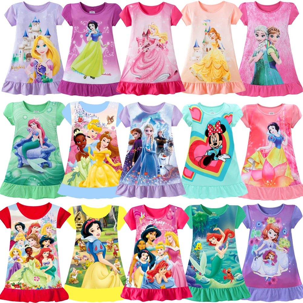 Mermaid Anna Elsa Dress Girls Nightdress Clothes Cartoon Pajamas Children's Clothing ShortSleeve Pajamas Dress Kids Family Wear