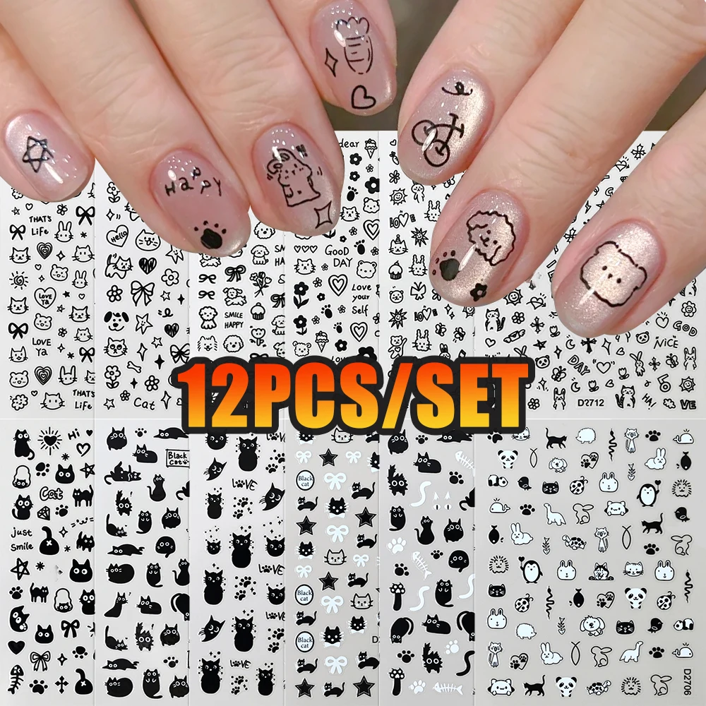 12Pcs Black Graffiti Puppy Cartoon Nail Stickers Black Cat Nail Decals Love Heart Nail Tattoos Self-adhesive Kawaii Nail Decals