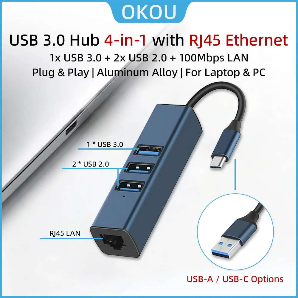 4In1 USB-A/C 3.0 Hub with RJ45 Ethernet Adapter, 4 in 1 USB Splitter with 1x USB 3.0 + 2x USB 2.0 + 100Mbps LAN for Laptop& PC