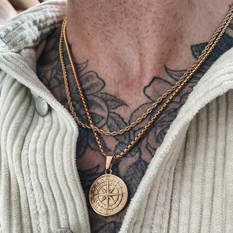 Collares de brújula de Color dorado para hombre, medalla de ancla de Estrella del Norte vikinga Vintage, colgante de acero inoxidable para hombre,