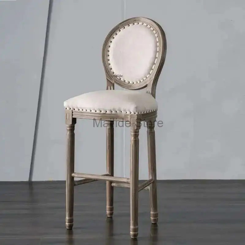 

European Retro Solid Wood Bar Chairs Home Rattan Bar Stools Creative Antique Bar Furniture Backrest High Chairs for Kitchen Bar