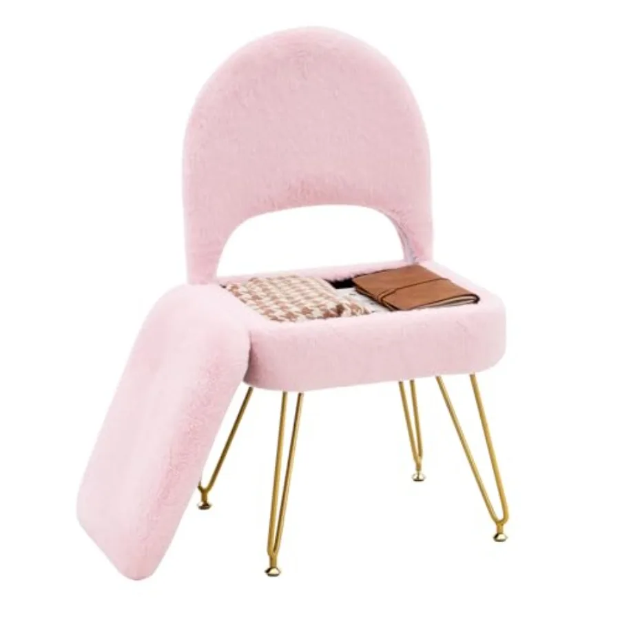 

Многофункциональный пуфик-табурет для туалетного столика с откидной спинкой, отсеком для хранения, обивкой из искусственного меха и 4 металлическими ножками