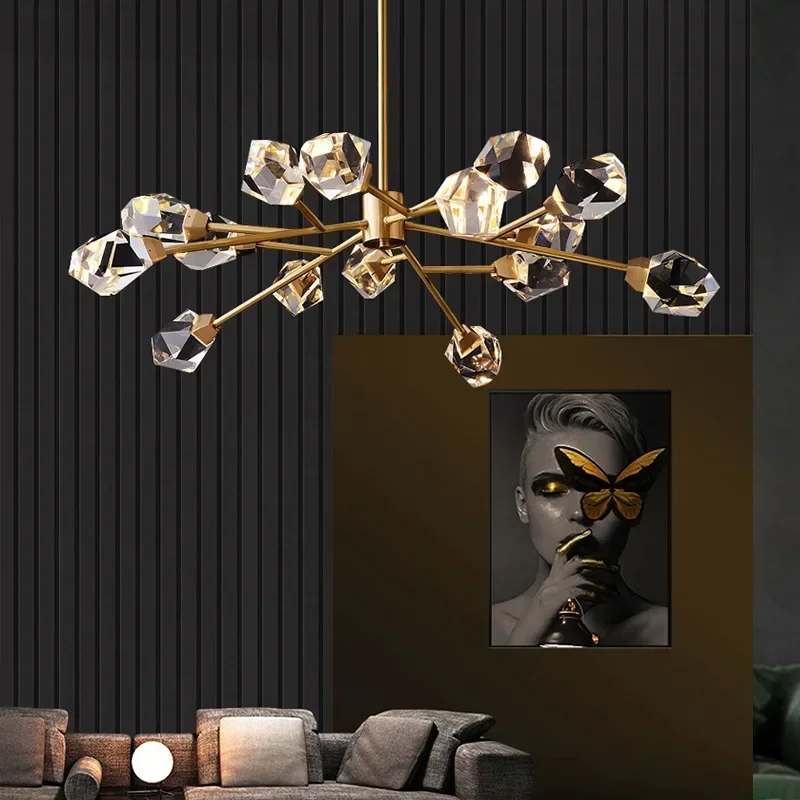 Light luxury Creative Postmodern Full Copper Crystal Chandelier Atmospheric Living Room Dining Room Model Room Chandelier