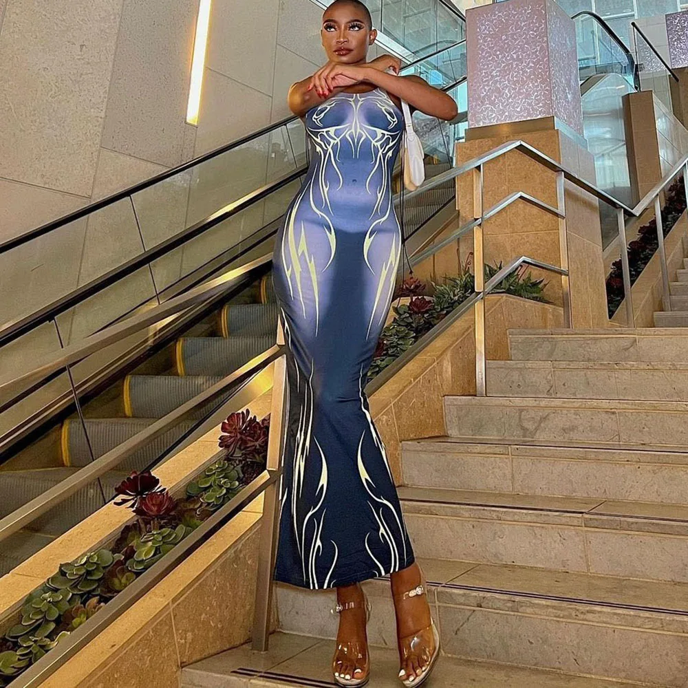 

Crystal Slip Lace-Up Printing Bodycon Long Dress Summer Festival Vacation Party Club Streetwear Clothes For Women Wholesale