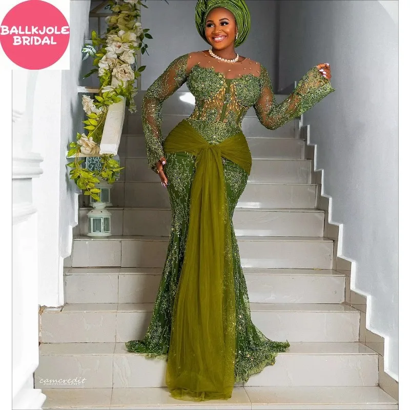 

Asoebi Green Lace Evening Dress Beaded Long Sleeves African Wedding Party Gown Nigerian Formal Event Gala Gown Elegant Occasion