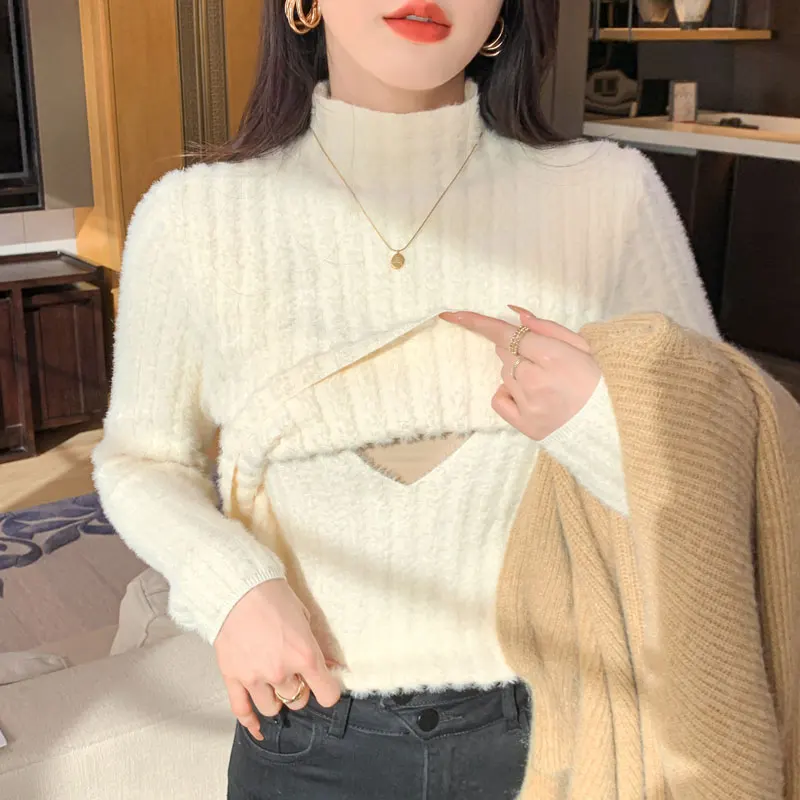 Autumn and Winter Velvet Thickened Maternity Nursing Sweater Warm Half Turtleneck Nursing Base Layer for Postpartum Shirts
