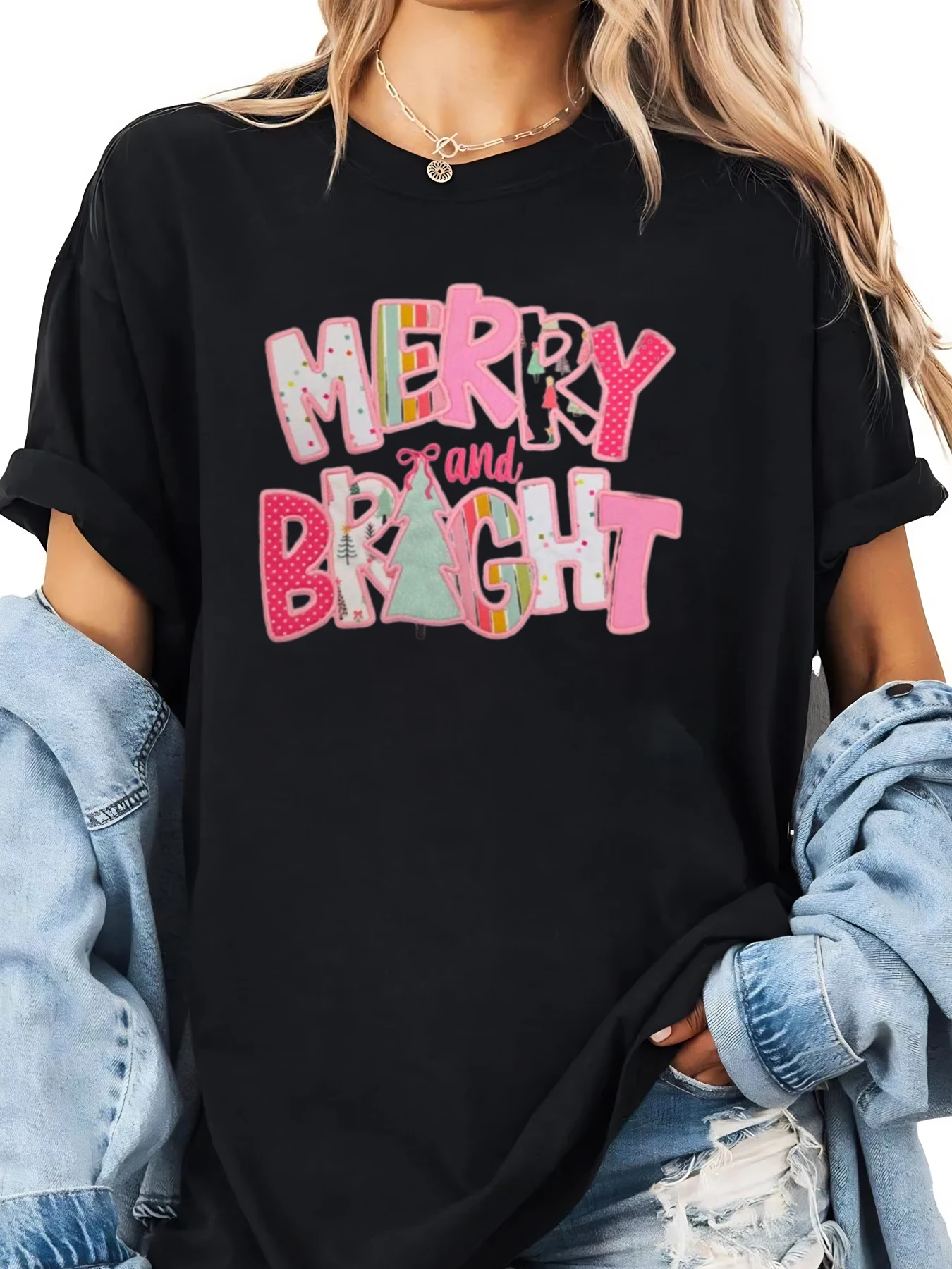 메리 앤 브라이트 크리스마스 프린트 티셔츠 여성 캐주얼 홀리데이 의상 블랙 플러스 사이즈