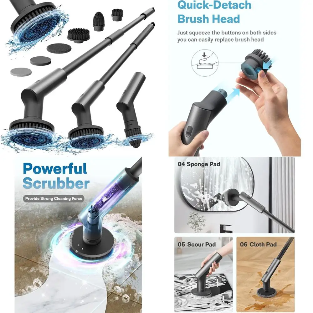 

Waterproof Spin Scrubber with Long Handle, 22 in-lb Power, 6 Heads, for Bathroom, Floor, and Tiles