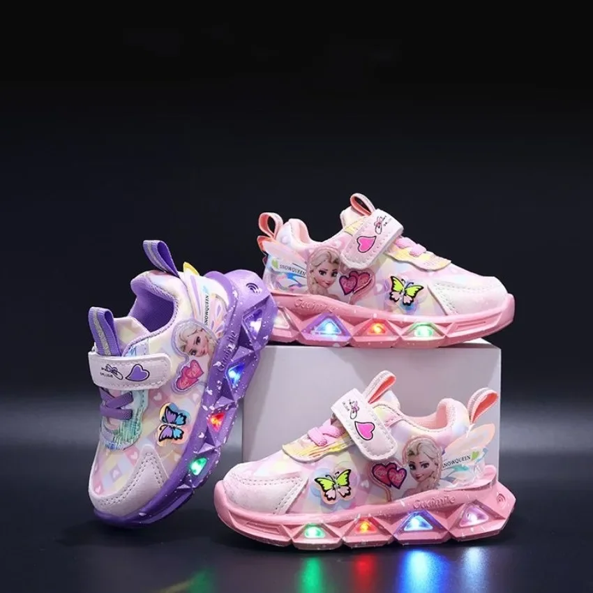 Fashion New Style Children Led Shoes Popular Brand Kids Girls Sneakers Disney Elsa Princess Lighting Shoes Casual Sports Shoes