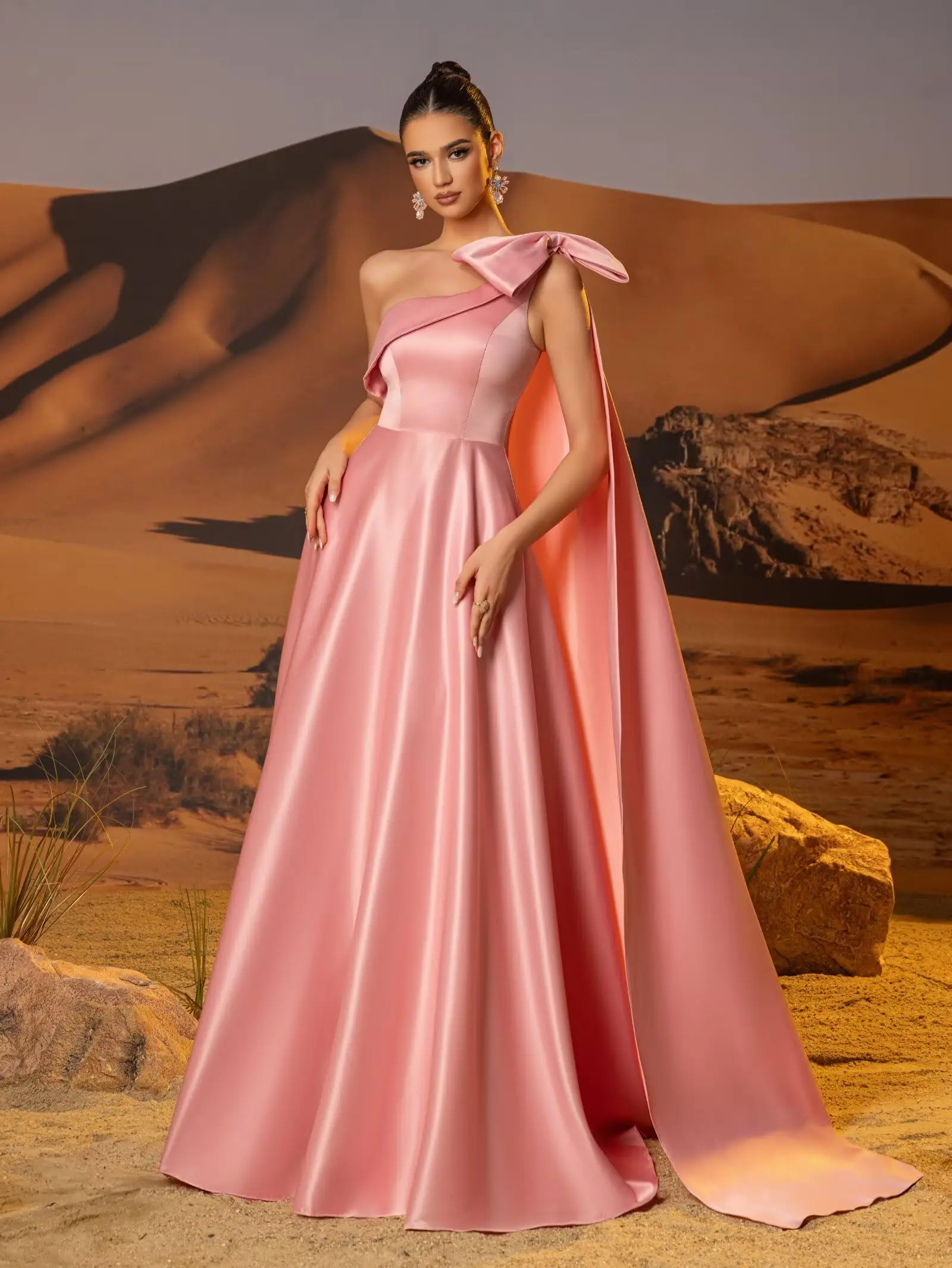 

Women's One Shoulder Satin Long Prom Dresses A Line Pleated Formal Evening Party Dress Ball Gown with Bow