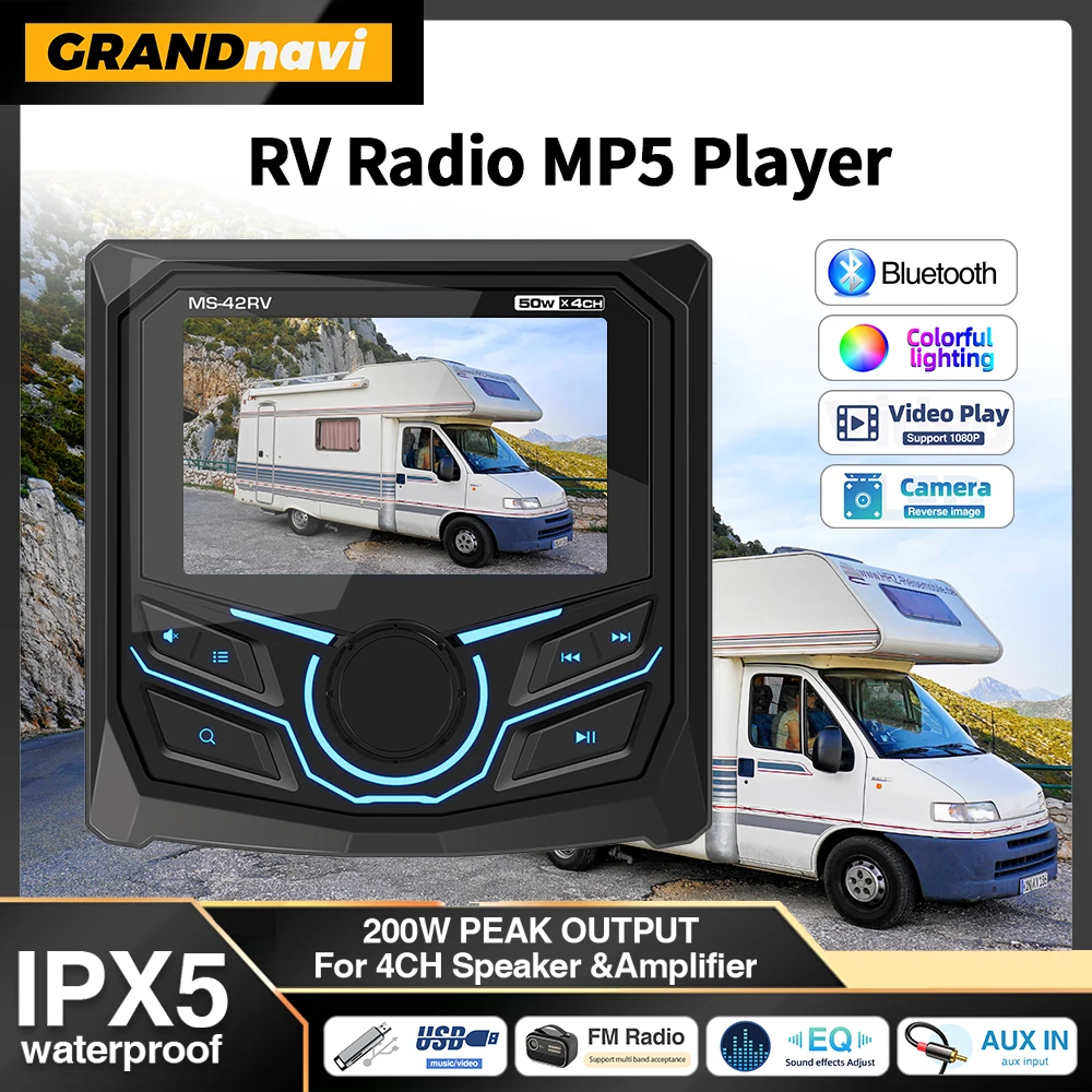 

For RV Radio Marine Radio Boat Stereo MP5 Player FM AM Media Audio Bluetooth IPX5 Waterproof For RV Yacht ATV UTV Golf Cart