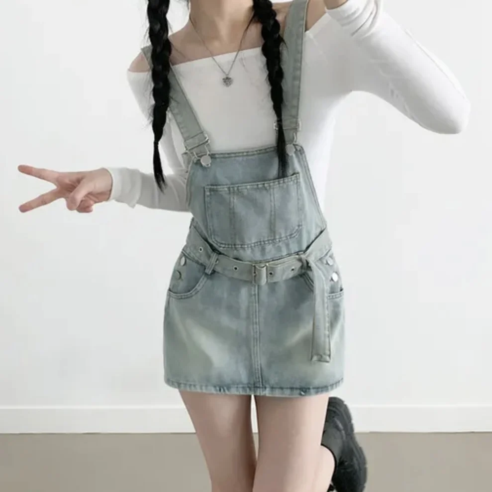 

Summer 2026 Chic Korean Style Vintage Denim Overalls Dress Waist Cinched Fashionable Versatile Design Blue Polyester Fiber