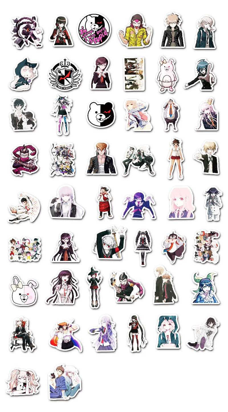 Danganronpa สติกเกอร์กราฟฟิตีลายการ์ตูน, 50ชิ้นสติกเกอร์ติดตู้เย็นสำหรับตกแต่งถ้วยน้ำกระเป๋าเดินทางสเก็ตบอร์ด