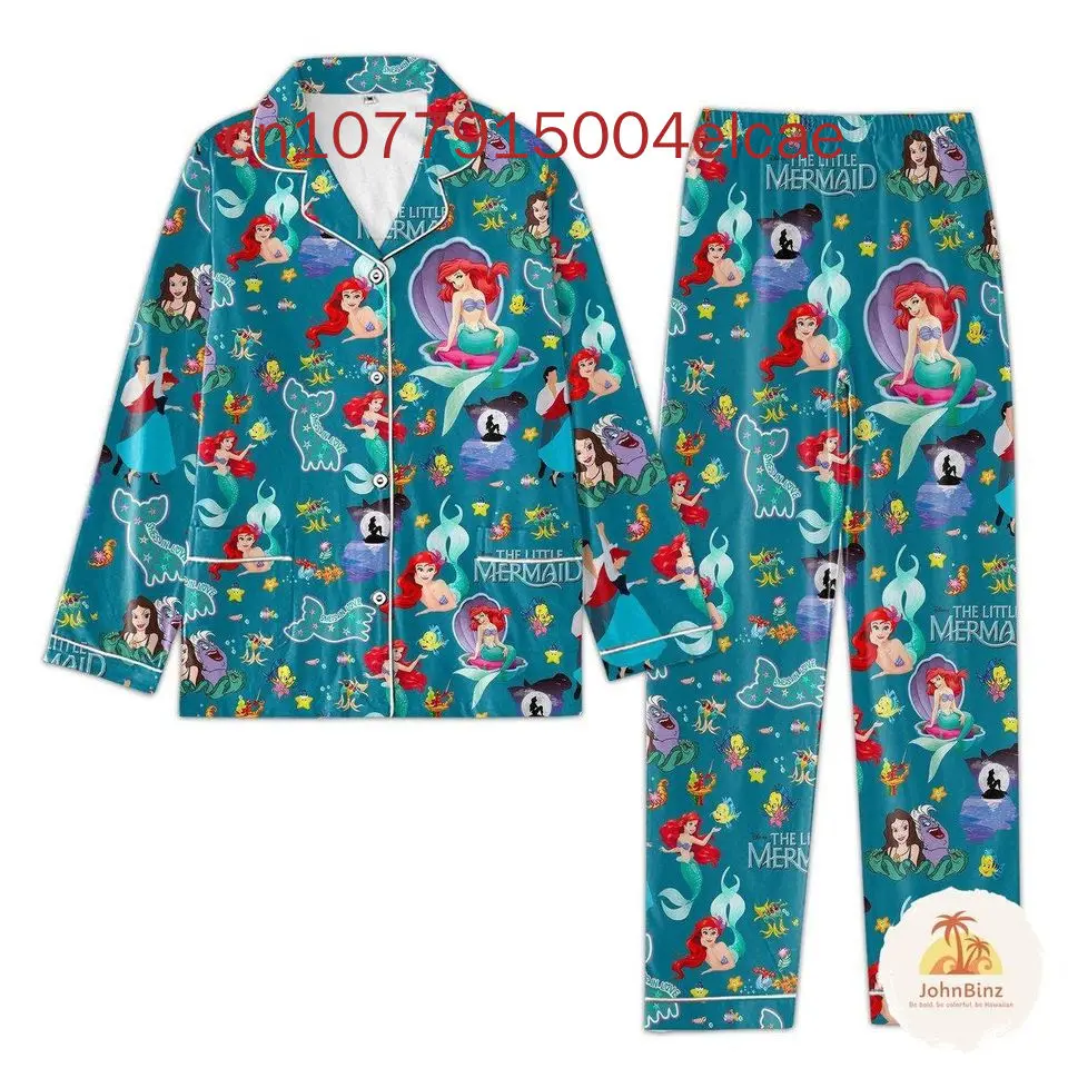 2024 New Disney Princess Ariel Pajama Set 3D Printed Casual Men\'s and Women\'s Long Sleeve Shirt Pajama Set