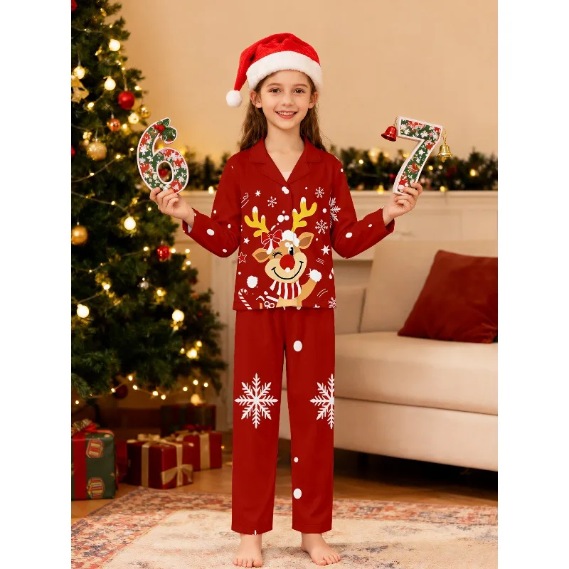 Girls Christmas Lapel Pajama Set Nightwear, Assorted Santa Reindeer Gingerbread Dog Love Tree Prints, Perfect Birthday Xmas Gift
