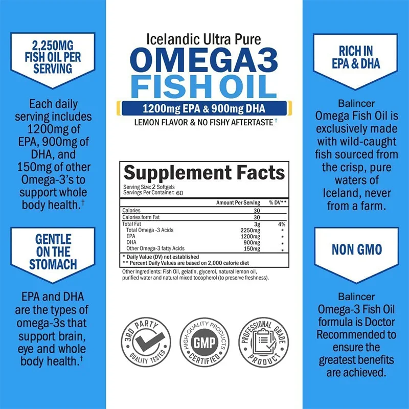 Suplemen kapsul minyak ikan Omega 3 kaya dalam DHA EPA sistem kekebalan mata antioksidan kulit, non-gmo, bebas zat perekat, Kapsul Vegetarian