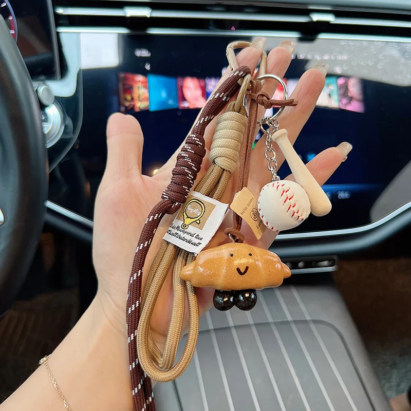Simulation Bread Keychain Handmade Rope Bag Charm Pretzel Baguette Croissant Pendant Baseball Accessory Cute Gift for Women