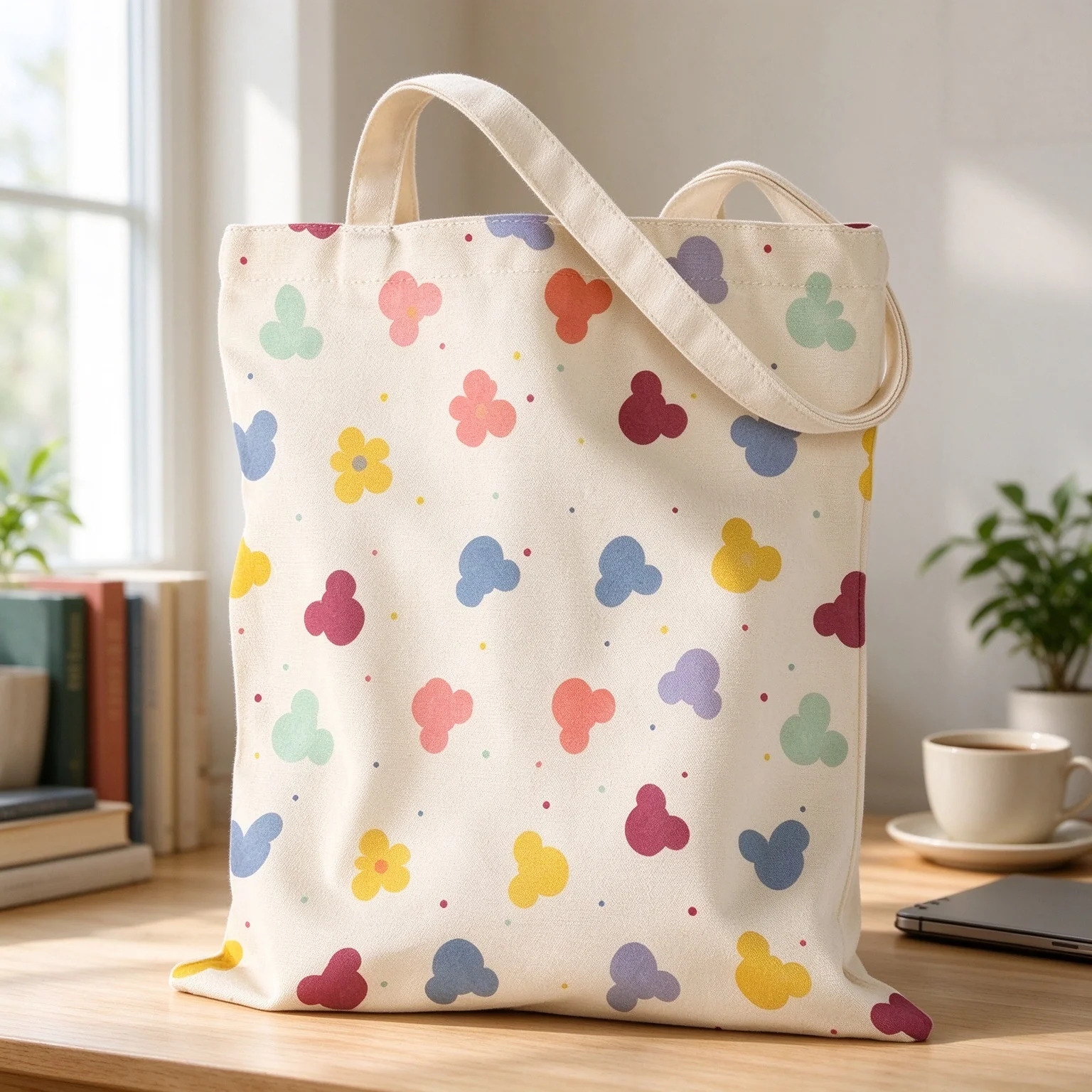 Cute Multi Color Abstract Floral Print Tote Bag Beige Canvas Shoulder Bag Pastel Flower Pattern Aesthetic Reusable Shopping Tote