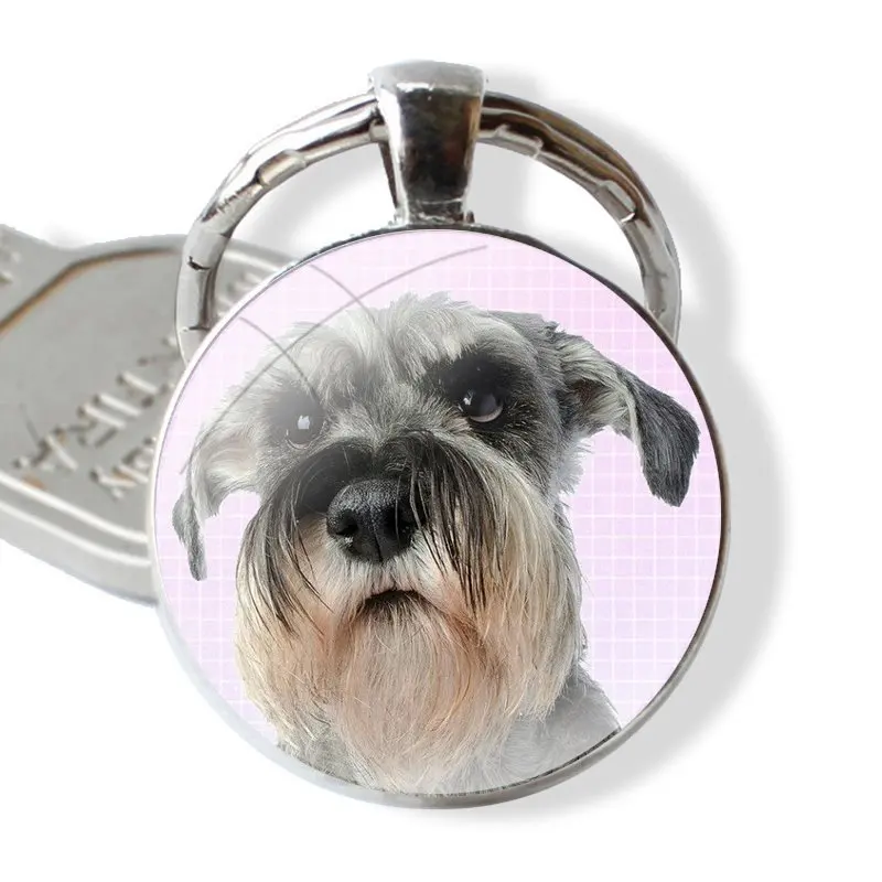 Miniature Schnauzer dog art Keychain Handmade Glass Cabochon Key Ring Holder Pendant Key Chains