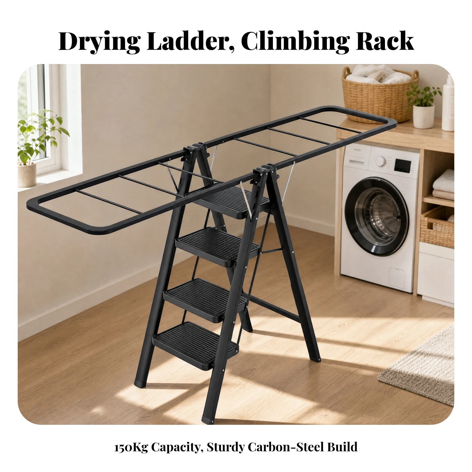 Combination Ladder and Clothes Drying Rack Space-Saving Step Ladder with Clothes Drying Rack High Load Capacity Wide Pedals