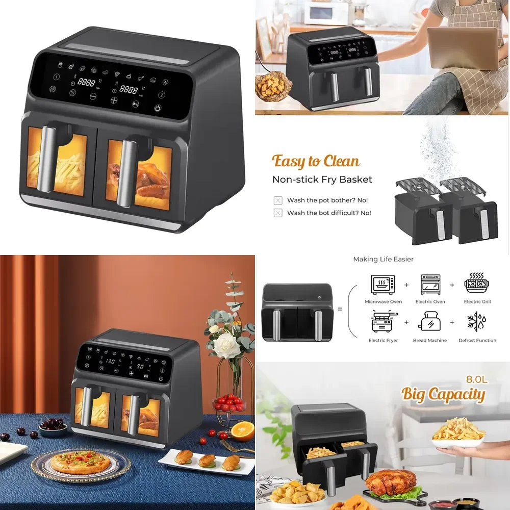 

8L Double Basket French Modern Air Fryer Electric Square Plastic Touch Screen Multi-Function Roasting Baking Cooking Oil-Free