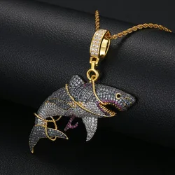 Hip Hop 5A CZ Stone Paved Bling Iced Out Tied Shark Animal Pendants Necklace for Men Rapper Jewelry Gift