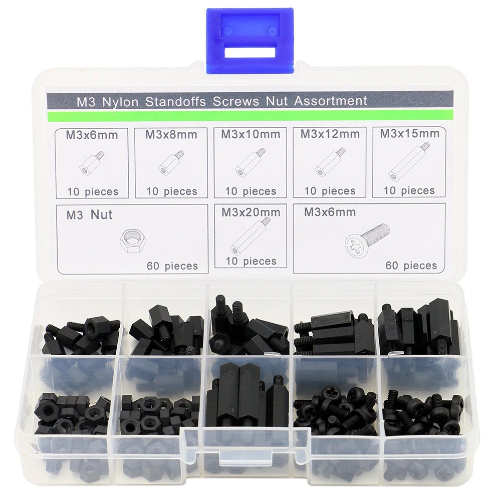 180Pcs M3 Black Nylon Spacers Hex Nut Screw Stand-Off Plastic Accesories Assortment Kit