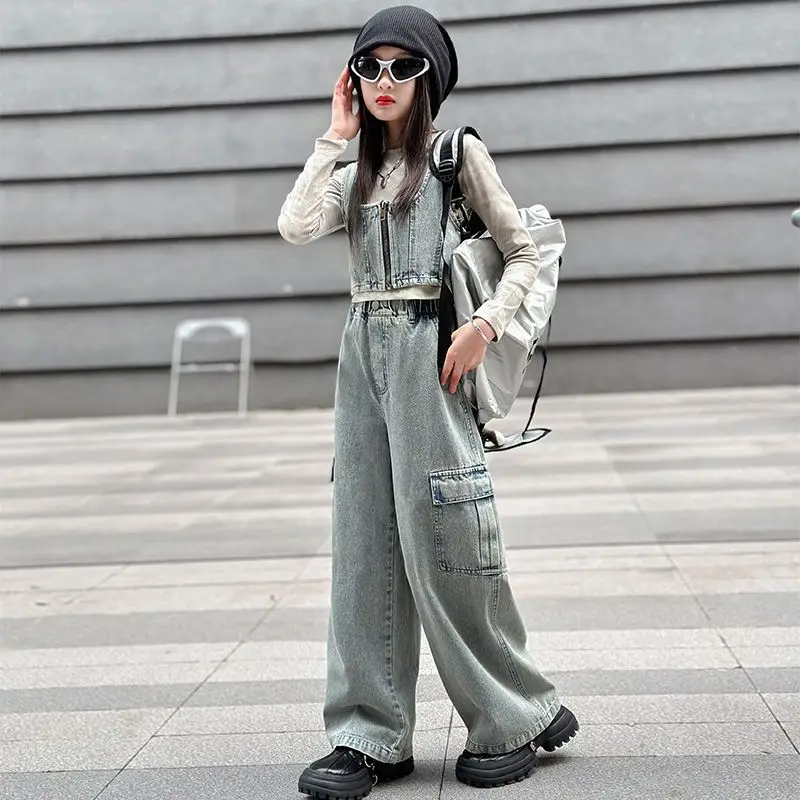 Girls Suit 2024 New Girls Fashion Fashion Big Children Denim Vest Cargo Pants Three-piece Set Clothes European Fashion Style