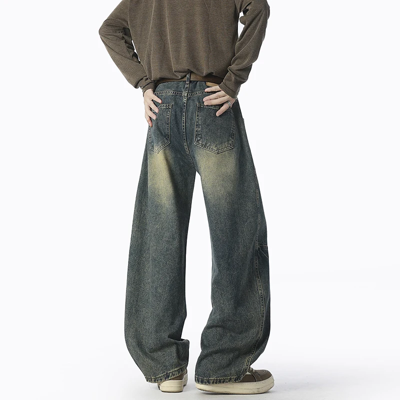 High Street Men's Denim Trousers Worn-out Contrast Color Patchwork Pants All-match Loose Washed Cleanfit Male Jeans
