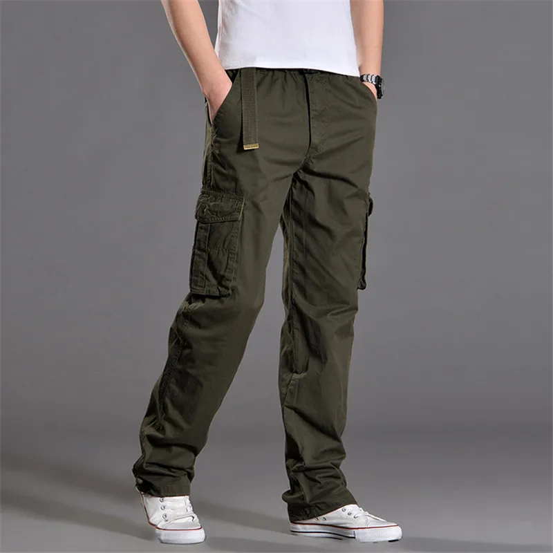 

Men's Cargo Pants Cotton Brand Multi-Pockets Solid Color Casual Loose Straight Pants Elastic Work Trousers Male Joggers Pants