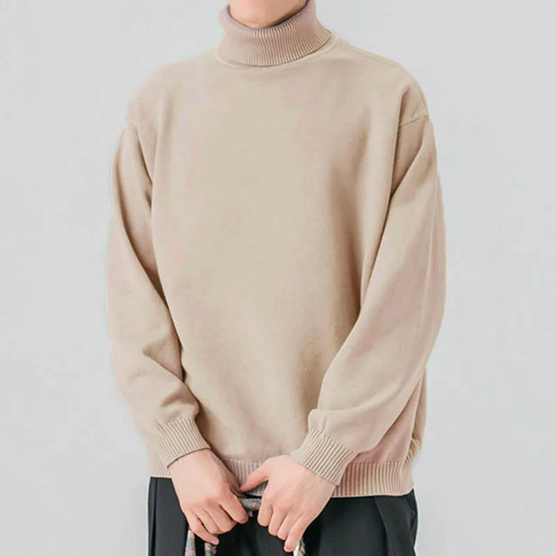 Men Knitted Fabric Turtleneck Sweater Male Korean Style Baggy Long Sleeve Pullovers Comfortable Casual Versatile Tops
