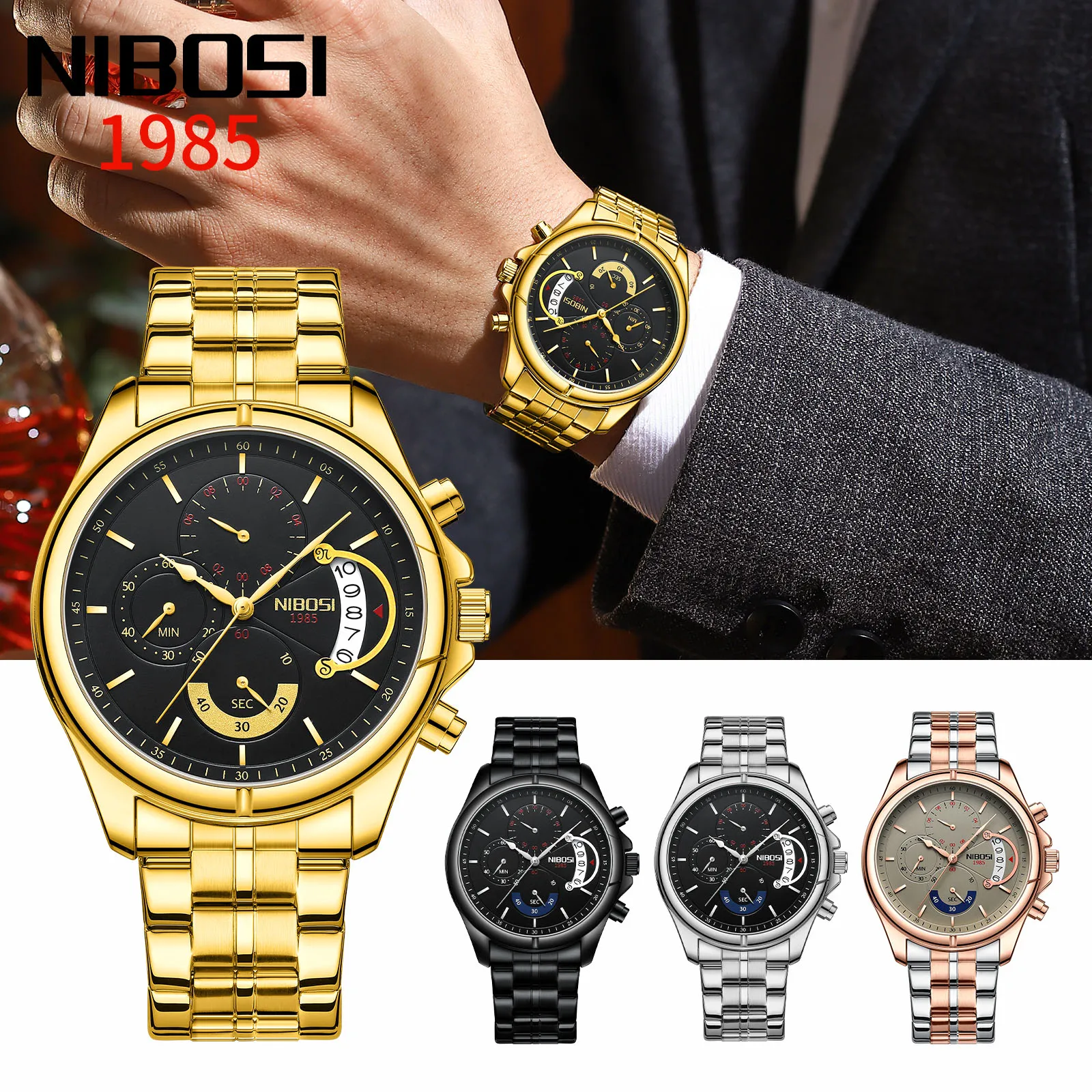 NIBOSI Quartz Watches for Men Waterproof Stainless Steel Strap Man Gift Calender Gold Watch Men Luxury Watch Relogio Orbicular