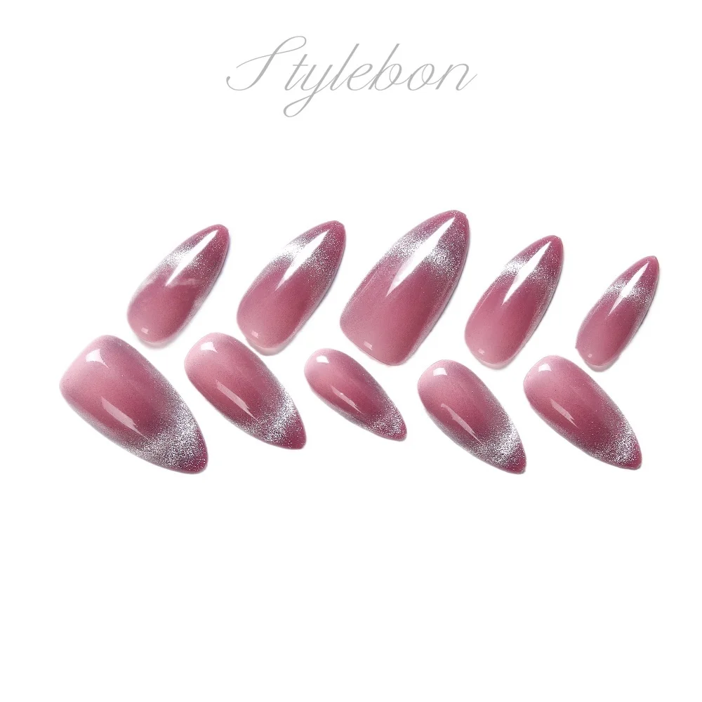 Handgemaakte Nagelpers Op Roze Cat Eye Franse Acryl Nagels Alomond Volledige Cover Herbruikbare Zelfklevende Kunstnagels Stick-On