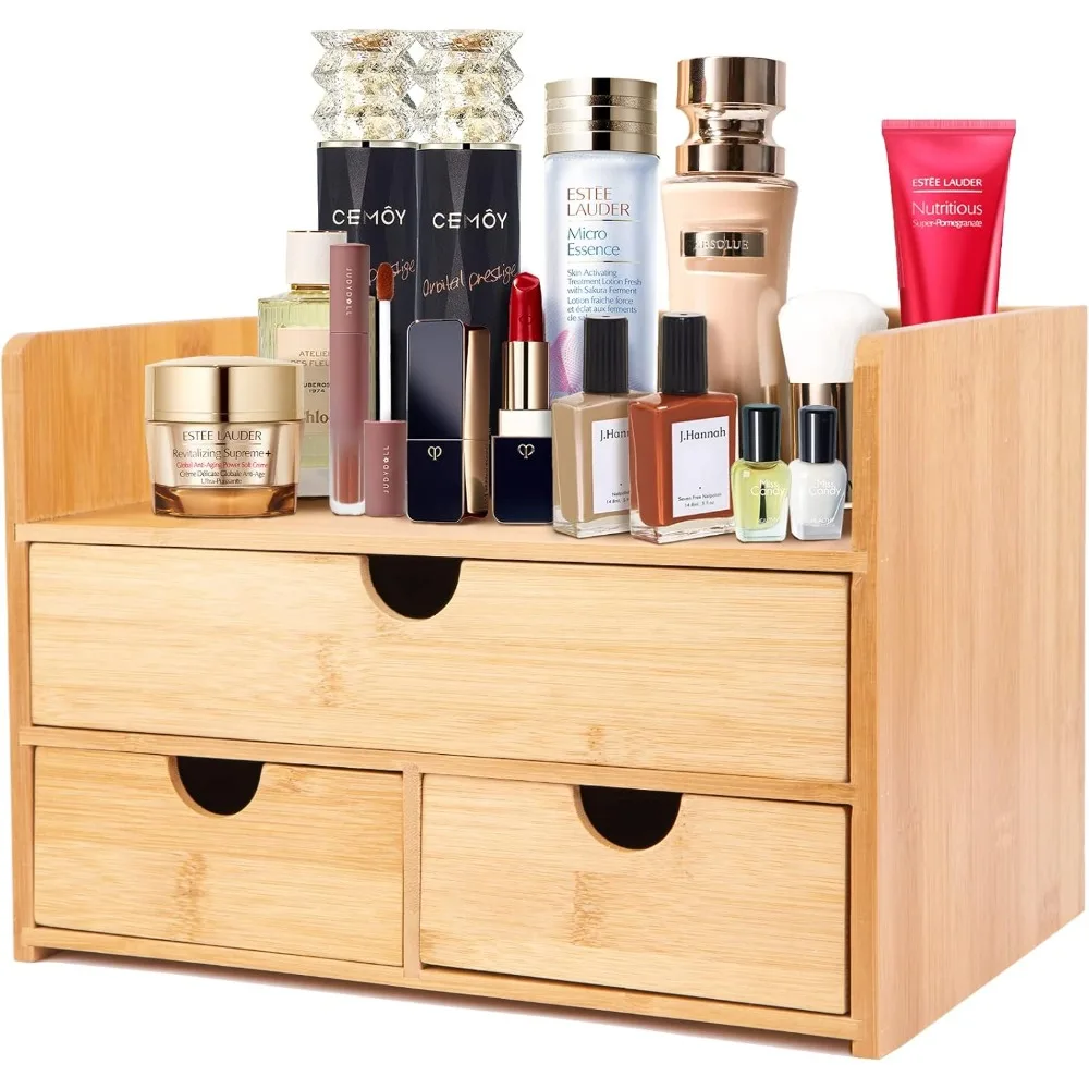 Large Bamboo Makeup Organizer with 1 Drawer and 2 Smaller Drawers, 100+1 Uses, Durable Smooth