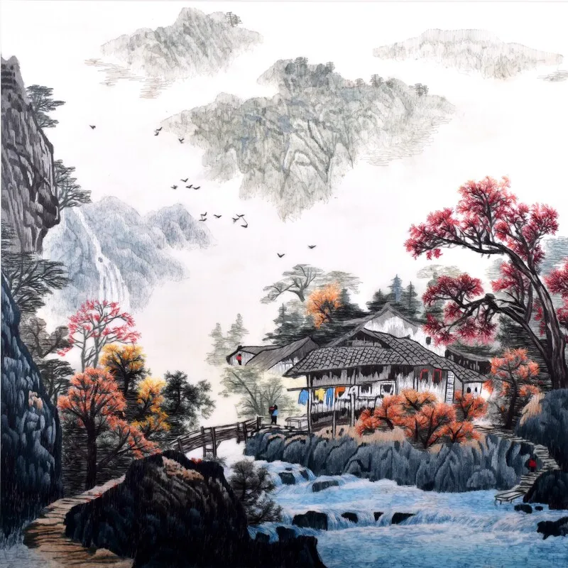 Suzhou Silk Embroidery Kit for Beginners, Jiangnan Water Town Scenery DIY Craft Set with Pre-Printed Fabric and Silk Threads