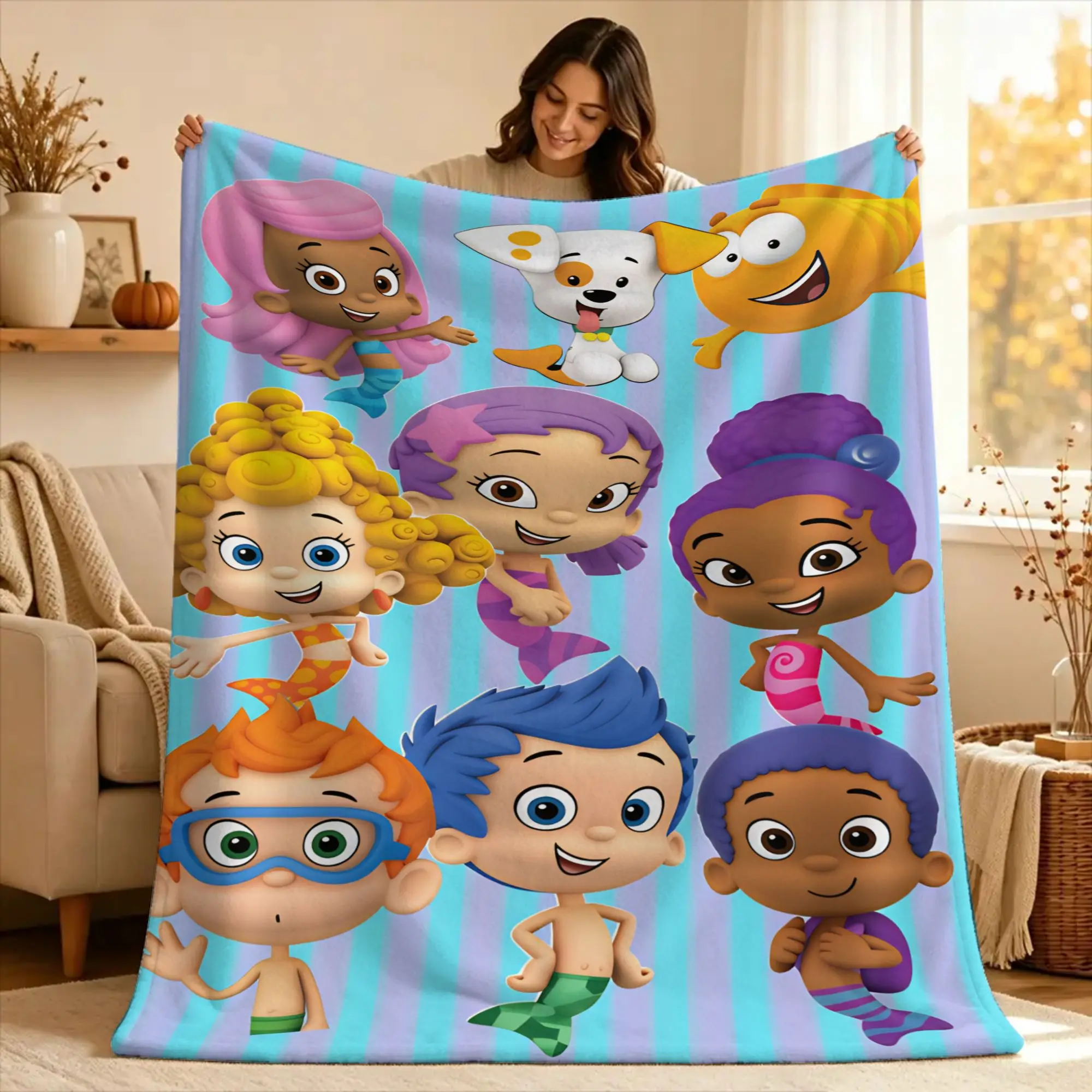 Anime B-BubbleS GuppiesS  Flannel Blanket  Soft Durable Throw Blanket for Outdoor Picnic Funny Bedspread Sofa Bed Cover