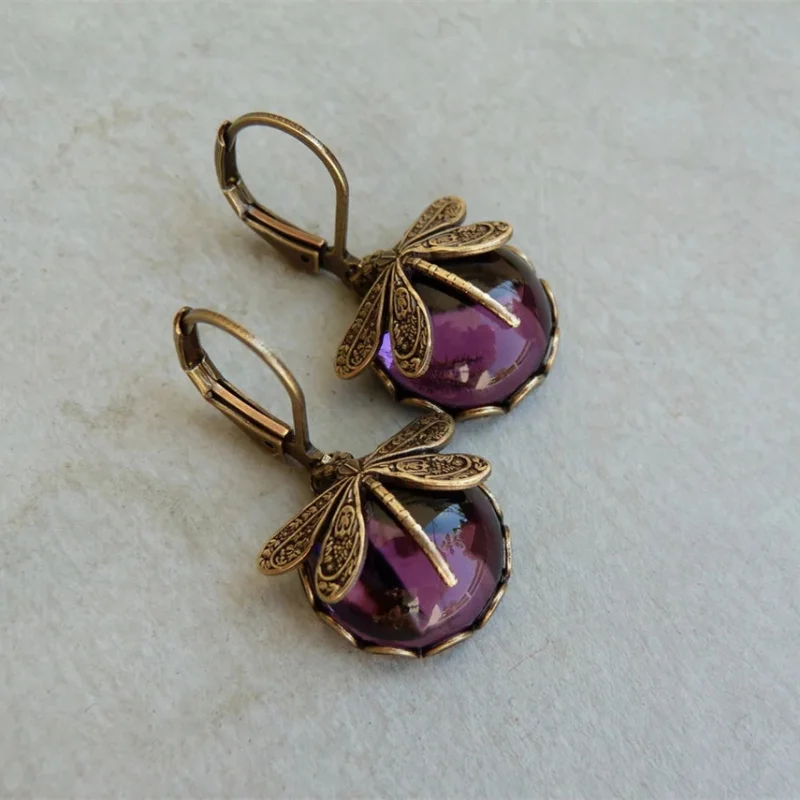 Vintage Bronze Dragonfly Earrings Fashion Gold Color Metal Carving Pattern Inlaid Moonstone Drop Earrings for Women Jewelry image 3