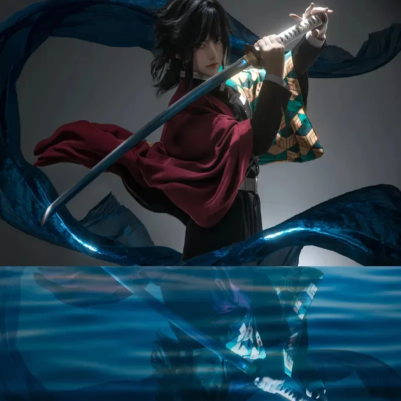 HOLOUN أنيمي Tomioka Giyuu تأثيري حلي شعر مستعار Haori التطريز الأعلى السراويل المرنة حزام روز صافي كوس هالوين عيد الميلاد