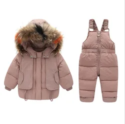 Piumini per bambini Set tuta da neve invernale in vera pelliccia ragazzo ragazza abiti da sci rosa 90% piumino d'anatra bianco tuta per bambini Set di vestiti