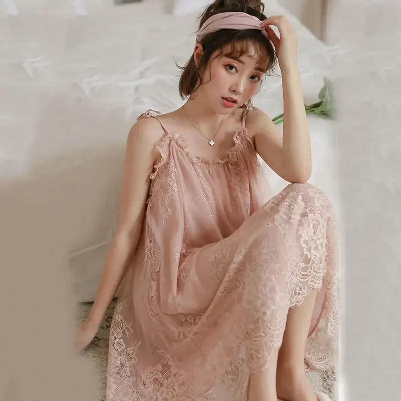 Lace Slip Dress Nightgown for Women Home Wear Sexy Korean Cute Pajamas Woman Sleep Pajama Nightie Night Very Sexuality Silk New