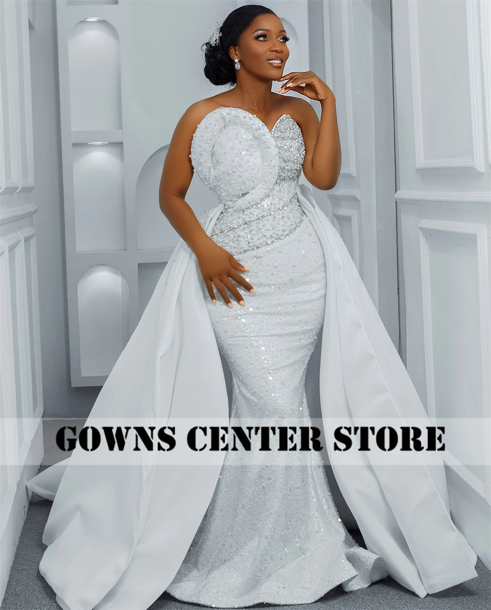 Strapless Aso Ebi Wedding Dresses For Brides 2025 Beads Pearls Crystals Detachable Train Mermaid African Bridal Gowns Customized