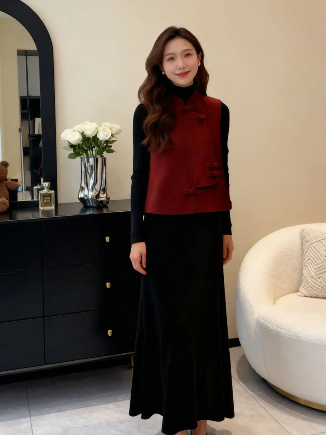 

Red Chinese Sle Women's Faion Set Svel Stand Collar Button Embroidery Spring Autumn Luxury Sensation Versatile Tank...