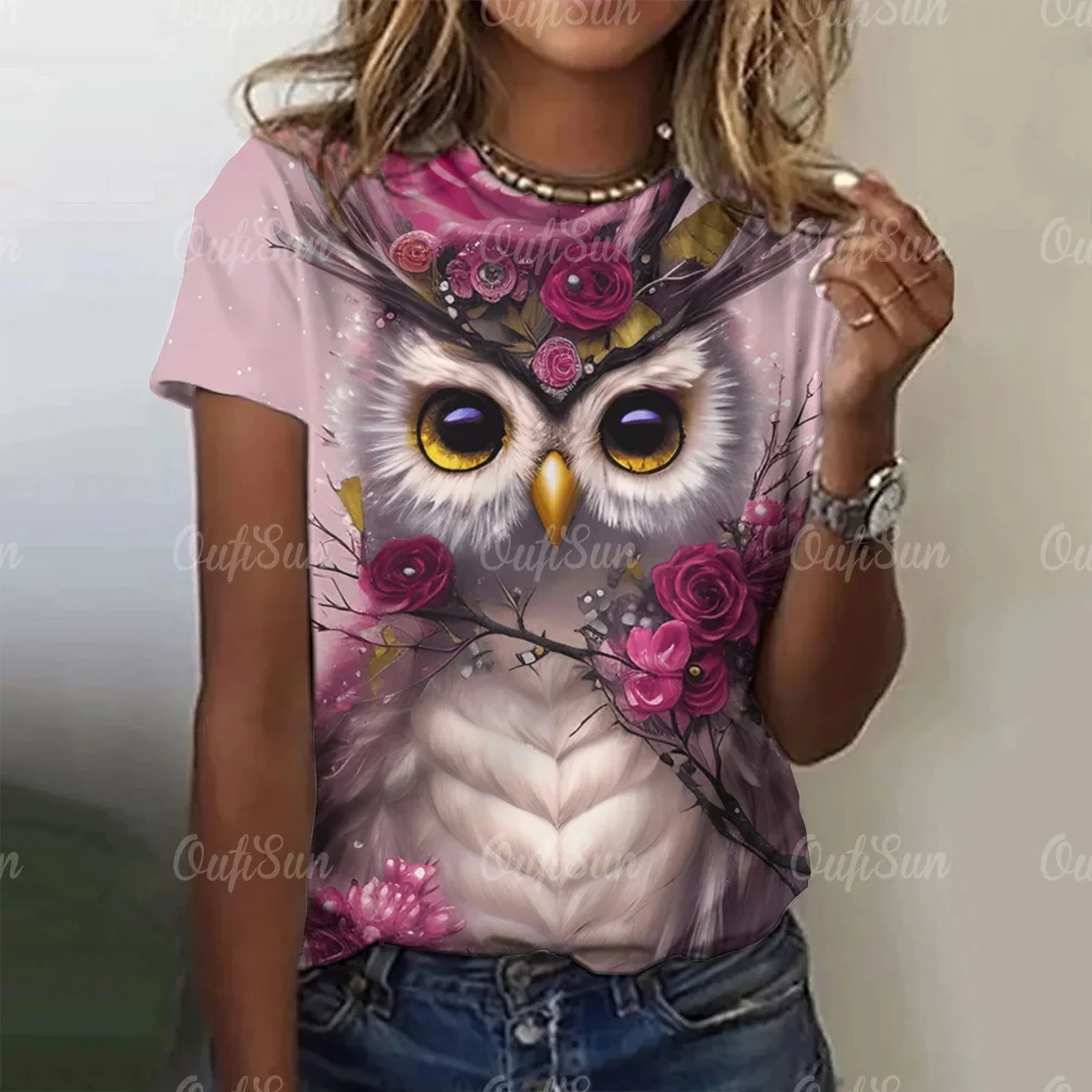 Summer O-Neck Short Sleeve Women\'s T-Shirt 3d Printed Owl Pattern T-Shirt Pullover Top Fashion Street Female Clothing 2024