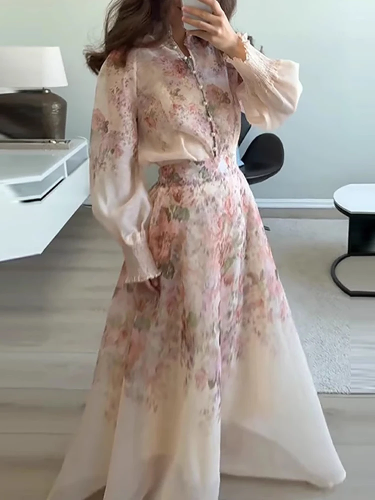 

Puff Sleeve Buttons Top Maxi Skirt 2PCS Sets, Women Summer Printing Patchwork Chic Outfit, 2025 Stand Collar Elegant Ladies Suit