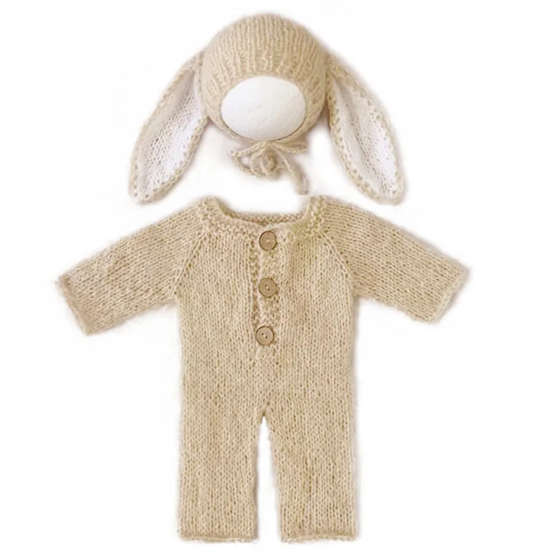 ❤️Newborn Photography Clothing Mohair Rabbit Ear Hat+Jumpsuits 2Pcs/set Studio Baby Photo Props Accessories Knit Clothes Outfits