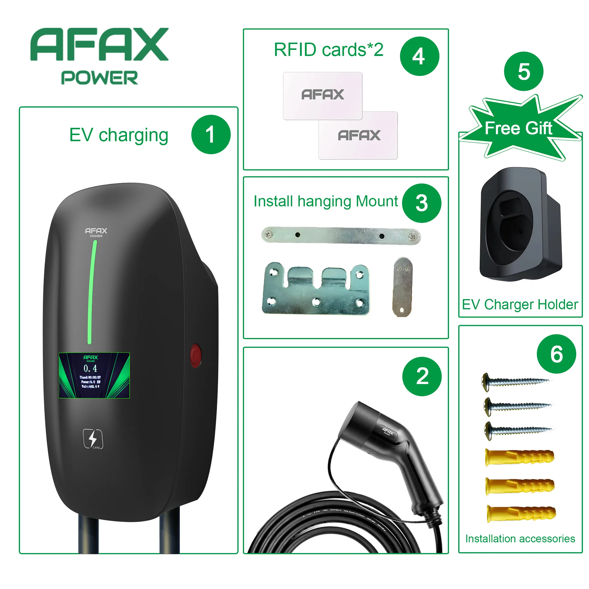 AFAX POWER EV Charger 32A 7.6KW Type2 Cable Car Charger EVSE Wallbox 11KW 22KW 3Phase Socket APP Control for Electric Car