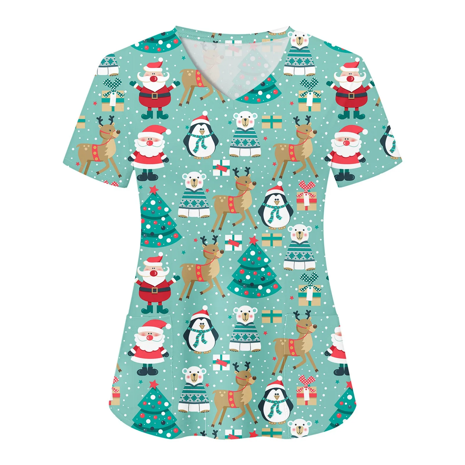 

Christmas Nurse Uniform Womens Cartoon Deer Santa Claus Print Short Sleeve V Neck Snowman Nursed Scrubs Medical Nurse Uniforme